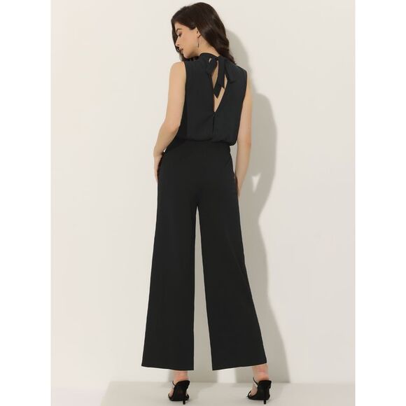Business Casual Sleeveless Jumpsuit High Waist Wide Flare Leg Romper Black - Picture 4 of 5